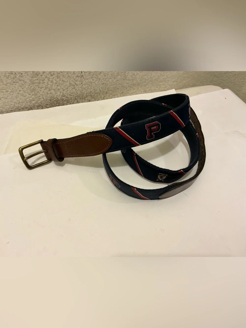 Polo Ralph Lauren Navy Blue Red Striped Logo Crest Belt Men’s Sz 42/105 vintage